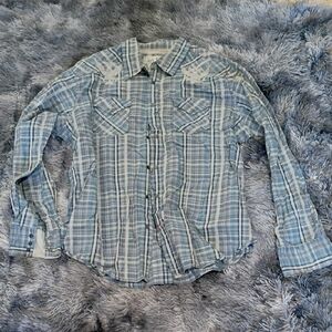 Guess Light Blue Plaid Casual Shirt
